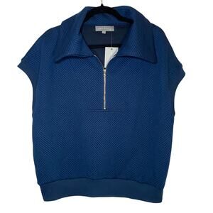 Pixi + Ivy Quilted Navy Blue Short Sleeve Quarter Zip Sweater Shirt